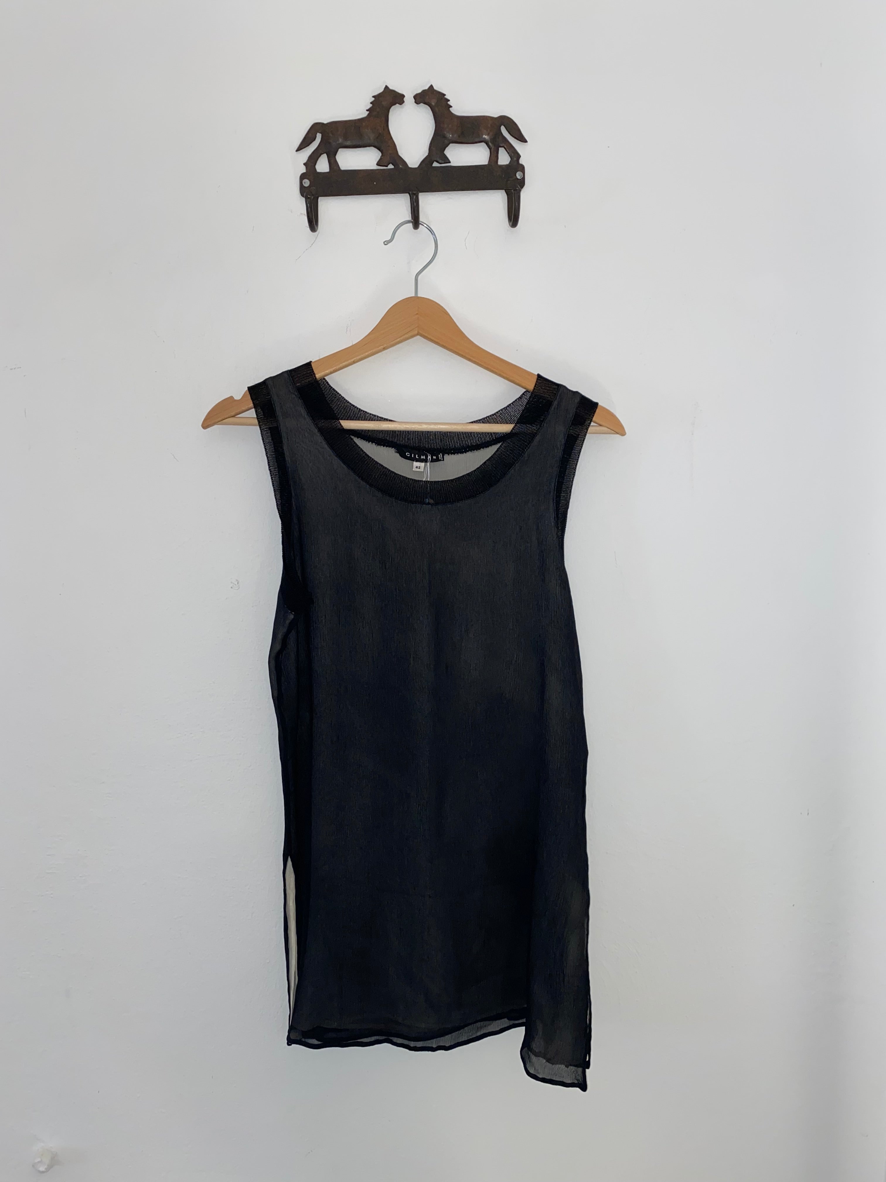 Black/beige layered silk tank top