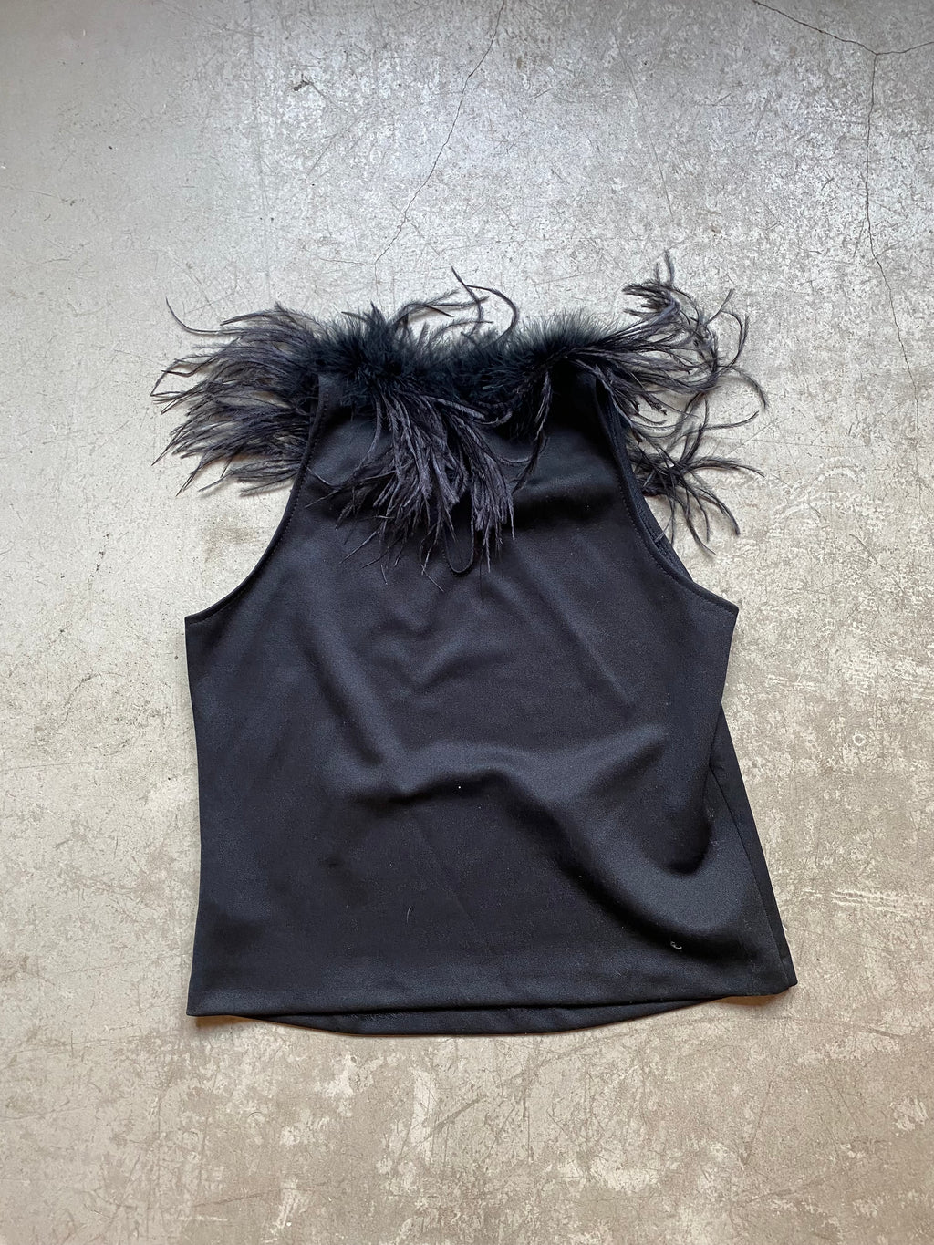 Black tank top with faux feather trim