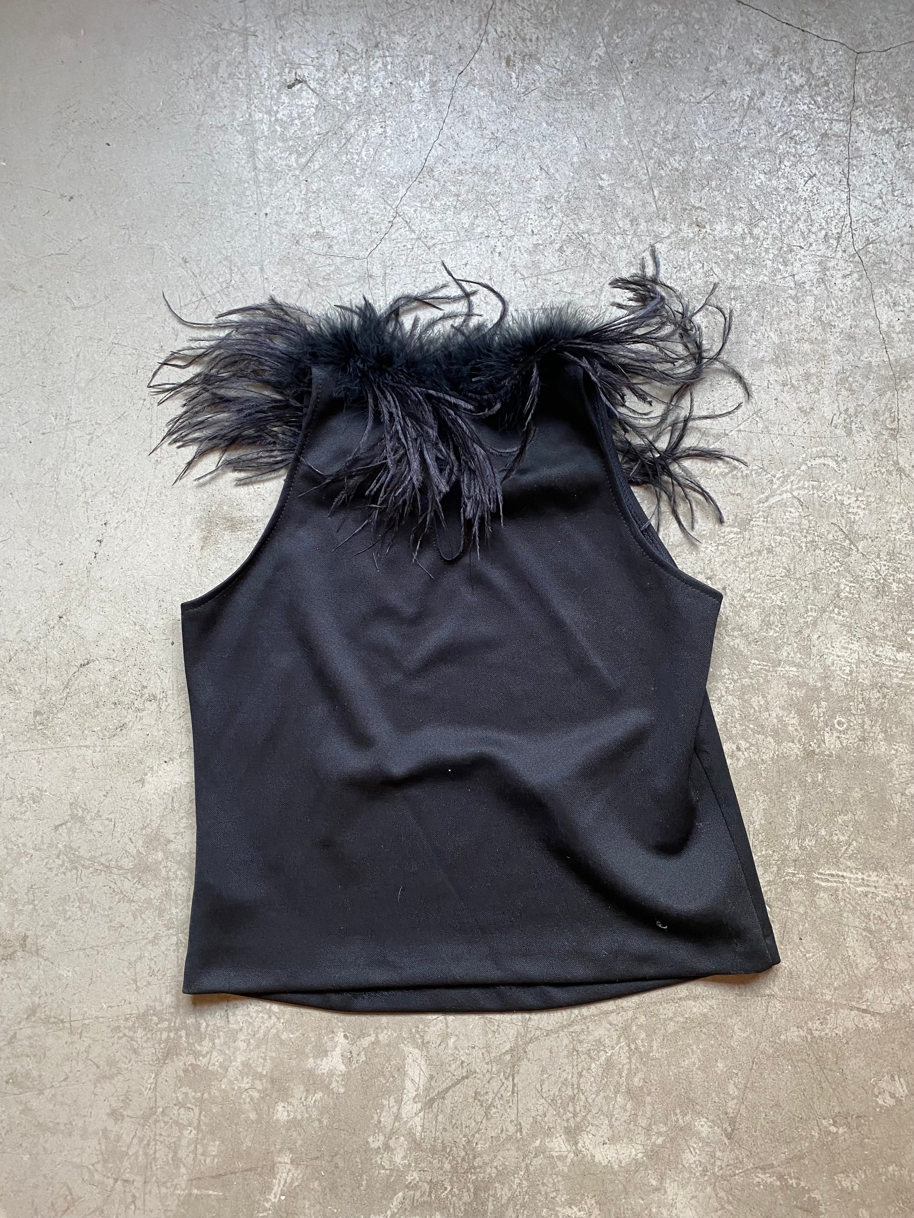 Black tank top with faux feather trim