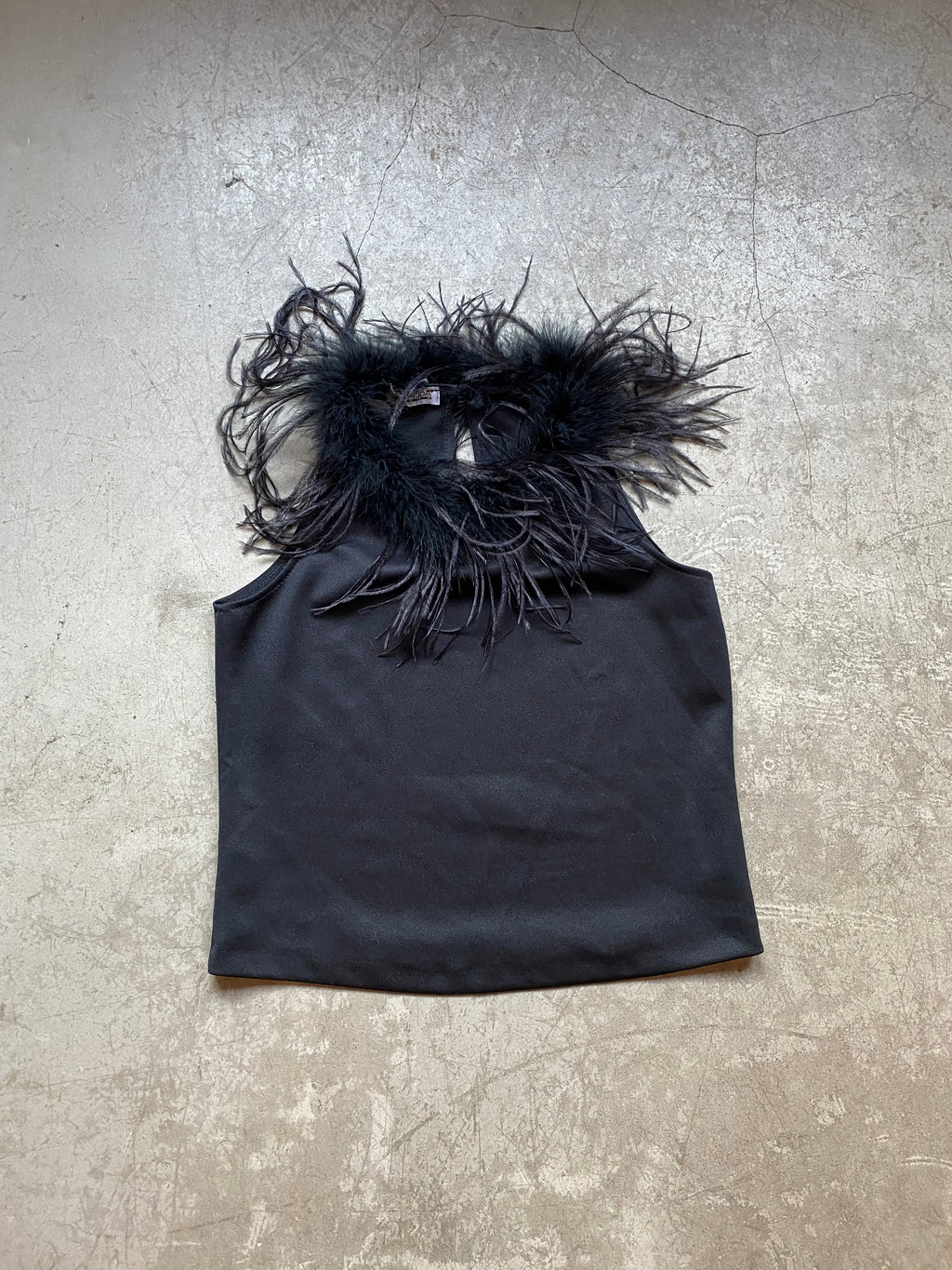 Black tank top with faux feather trim