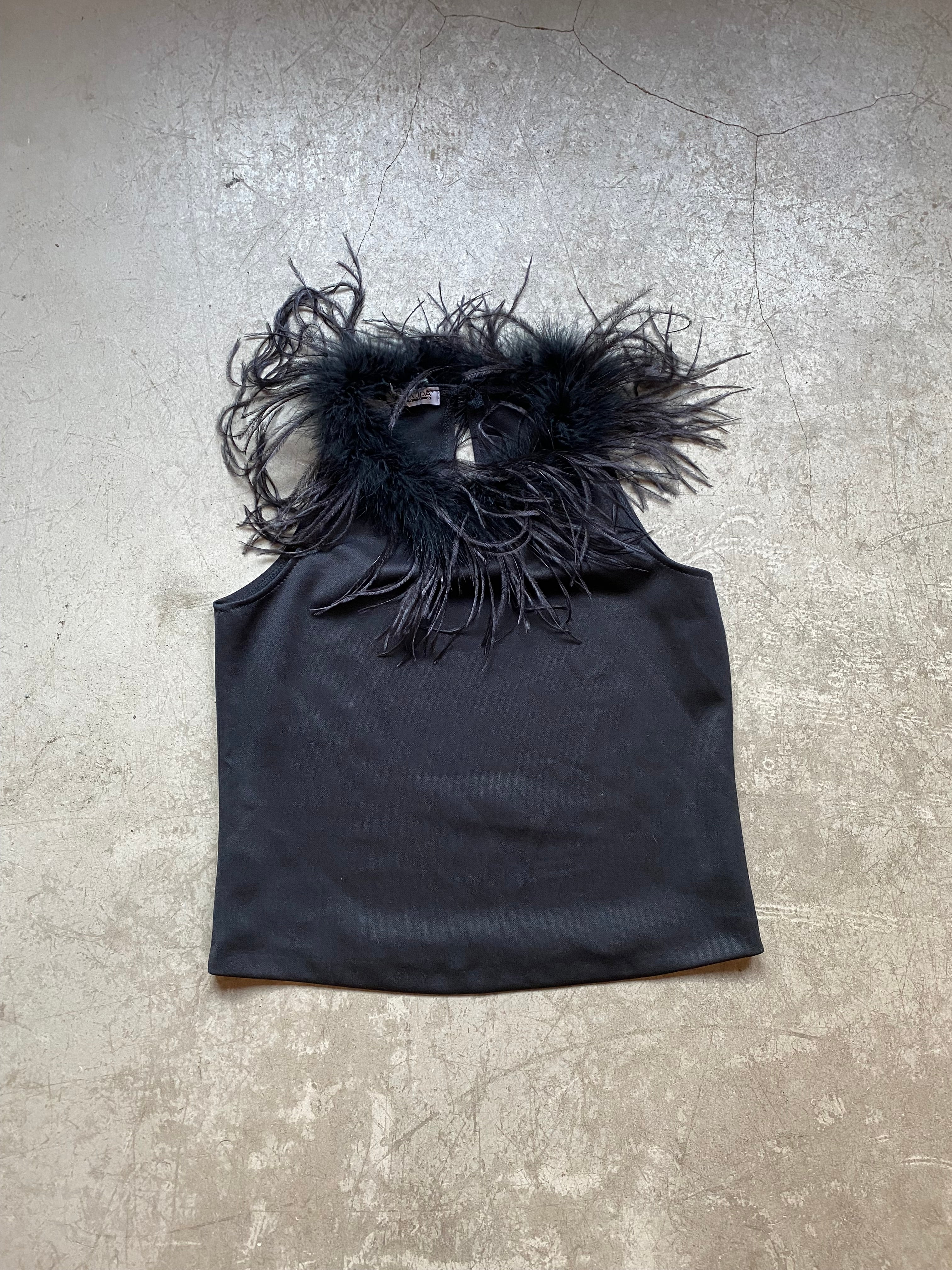 Black tank top with faux feather trim